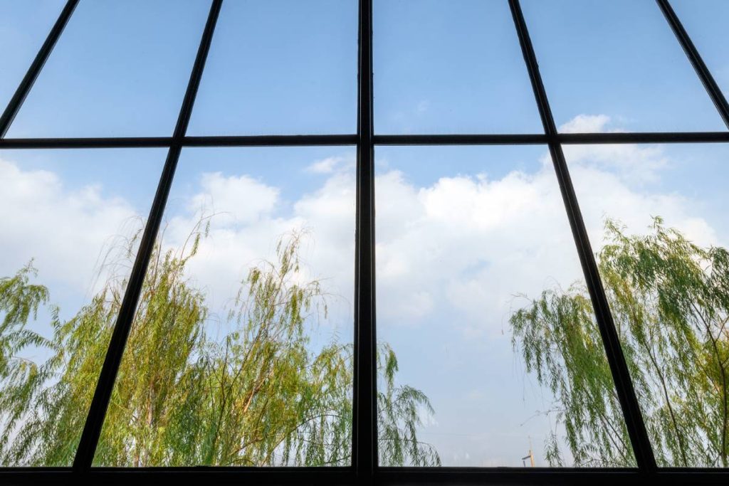 Transparent high windows design with green tree and blue sky