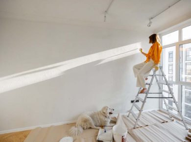 Woman paints the wall in white color, stands on ladder while making repairment with her dog in newly purchased apartment